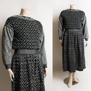 Vintage 90s Black White Geometric Sweaterdress Knit Knitwear 1990s Medium Large